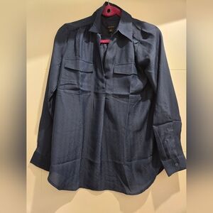 NWT Ann Taylor Womens Dark Blue Teal One Button Long Sleeves Shirt